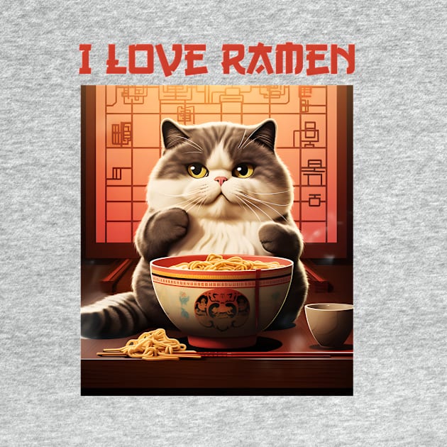 Quirky Chubby Kitty Cat Eating Ramen - I Love Ramen by KittyStampedeCo